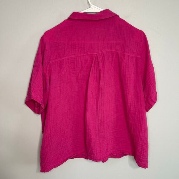 Old Navy Hot Pink Gaize 100% Cotton Button Down Short Sleeve Shirt Size Large - Picture 5 of 6
